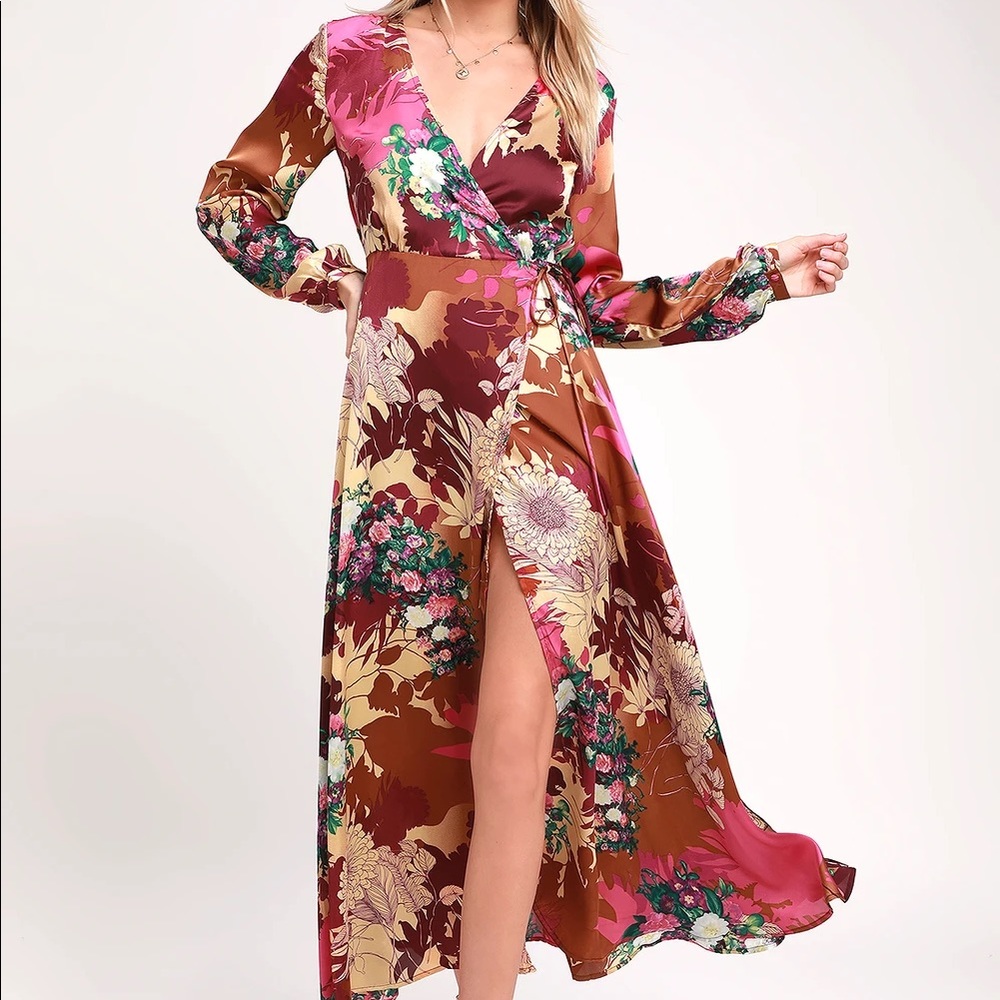 Lulu’s Put on a Smile Burgundy Floral Print Satin Wrap Maxi Dress